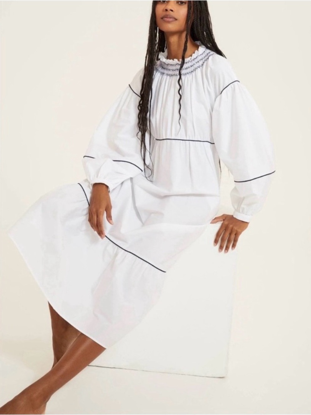 Something Navy White smocked  Midi Dress